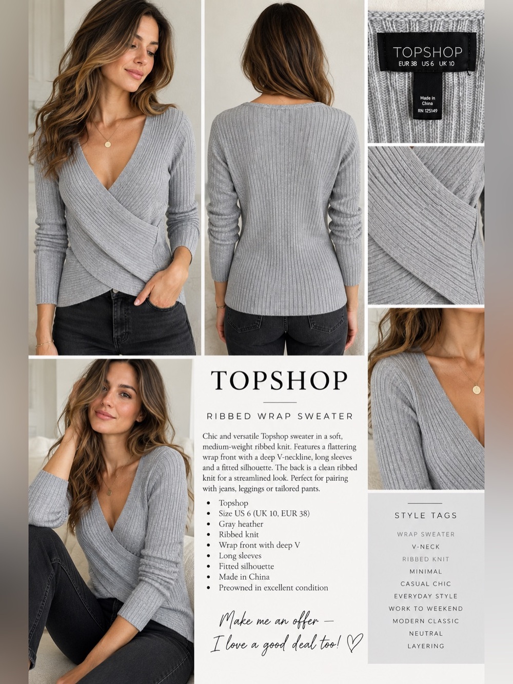 Topshop Gray Ribbed Wrap Sweater Deep V Neck US 6